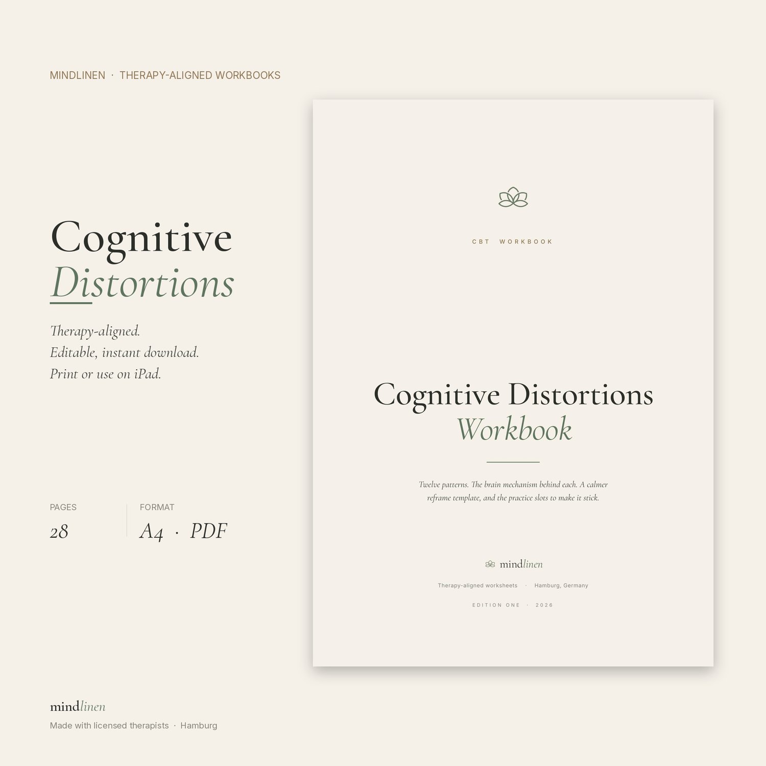 Cognitive Distortions Workbook — 28-page CBT printable — main preview