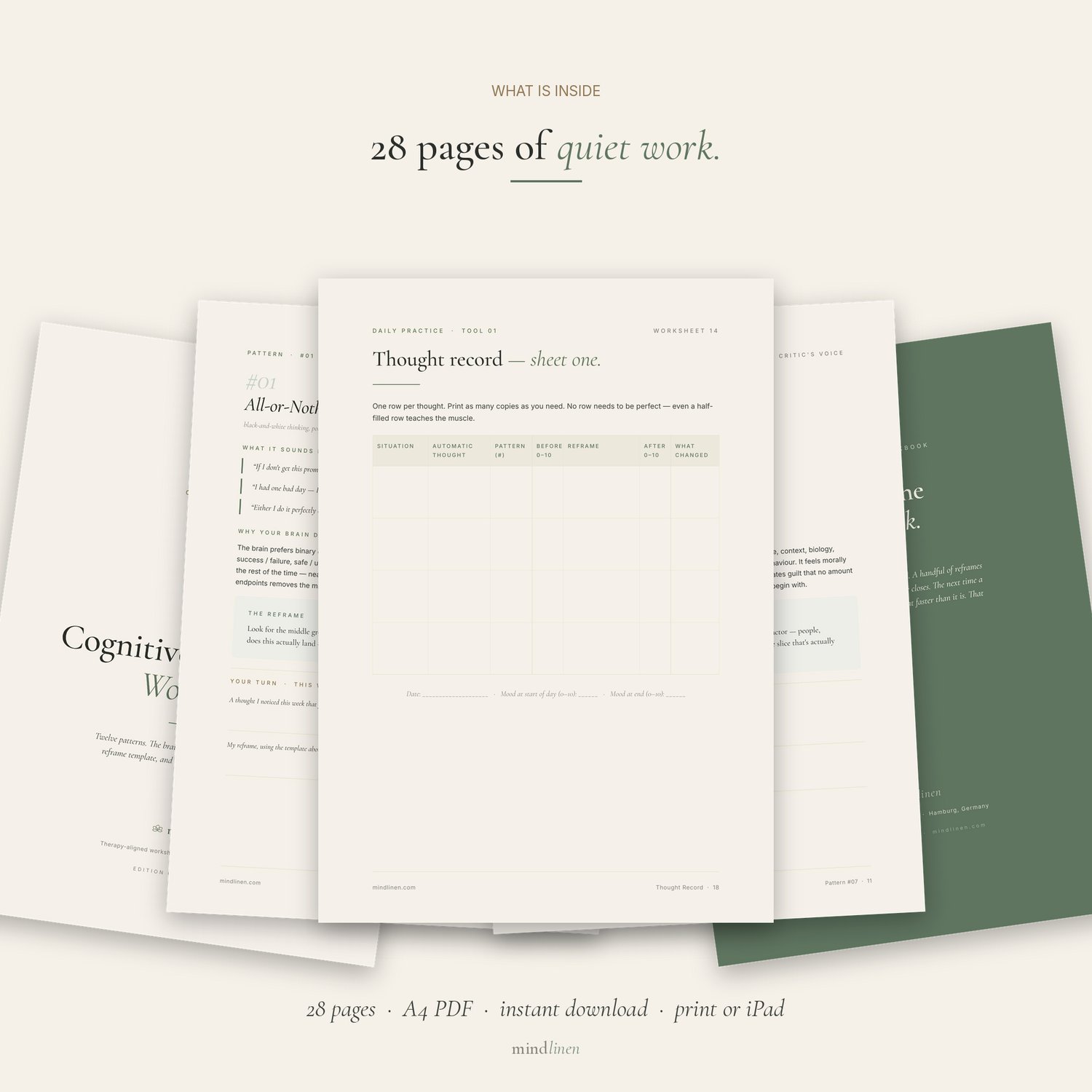 Cognitive Distortions Workbook — 28-page CBT printable — framework reference page